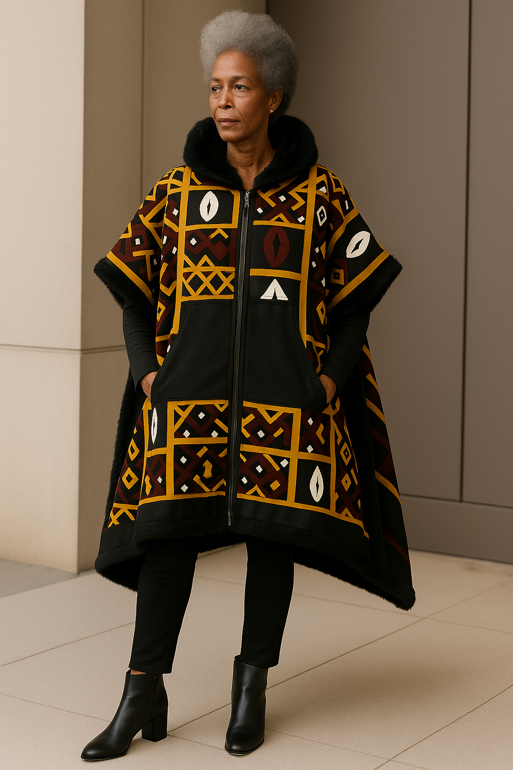 African Ankara Winter Ponchos Latoya, Lined with Faux Fur.