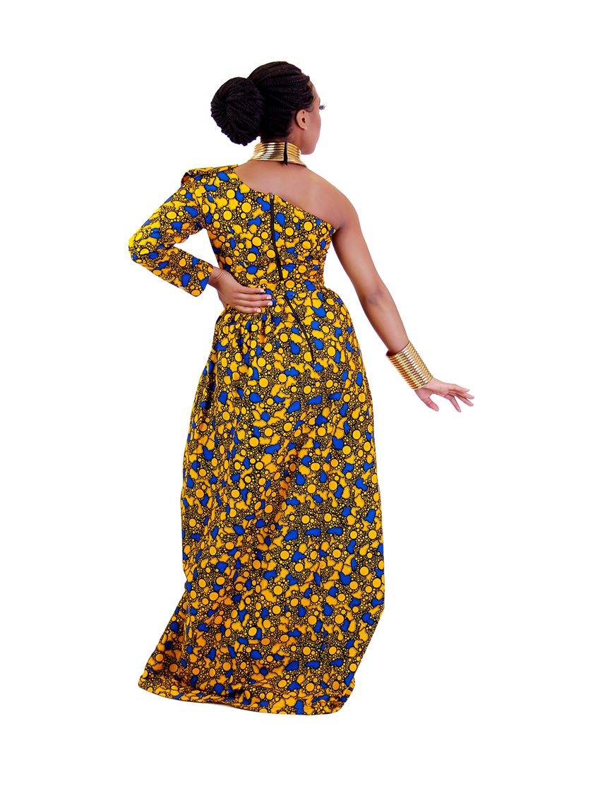 Omotoke African print one shoulder maxi dress.