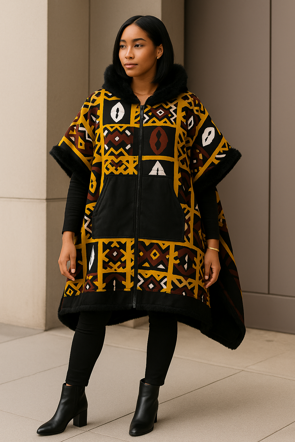 African Ankara Winter Ponchos Latoya, Lined with Faux Fur.