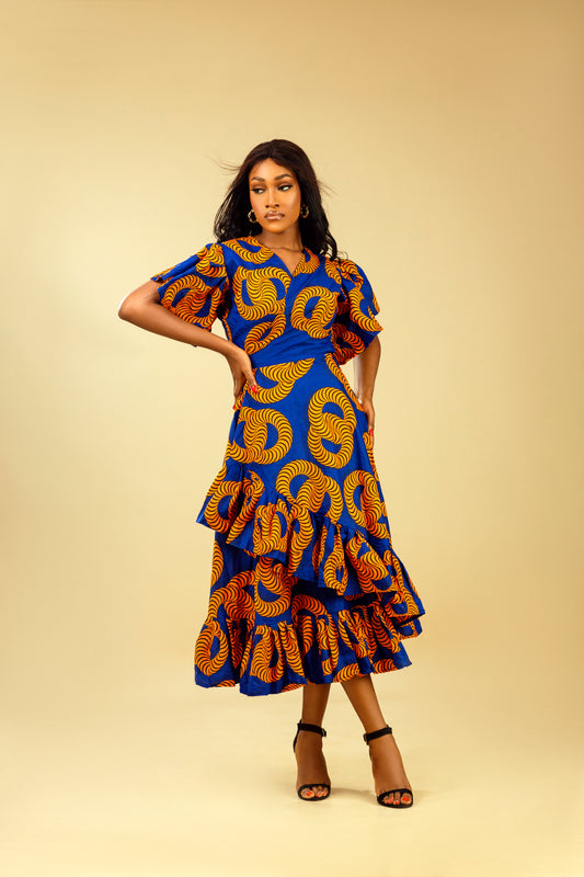 ANNIE AFRICAN PRINT WRAP MIDI  DRESS