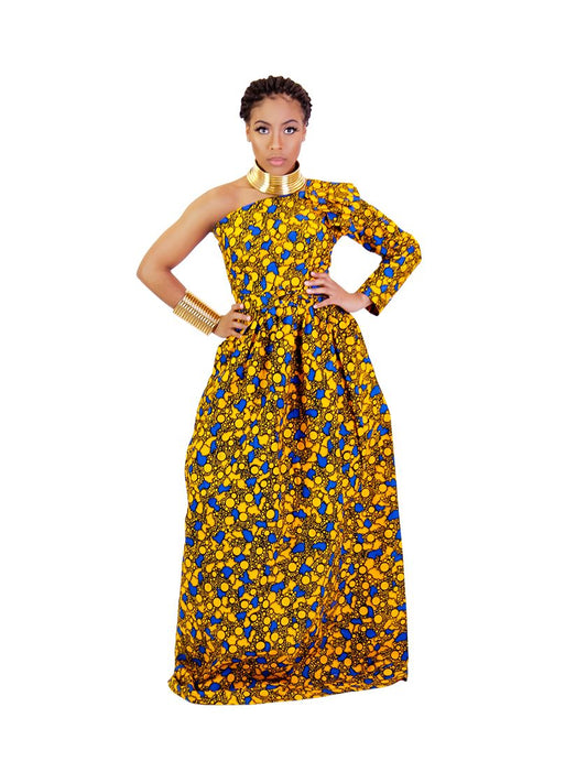 Omotoke African print one shoulder maxi dress.