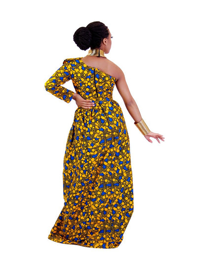 Omotoke African print one shoulder maxi dress.