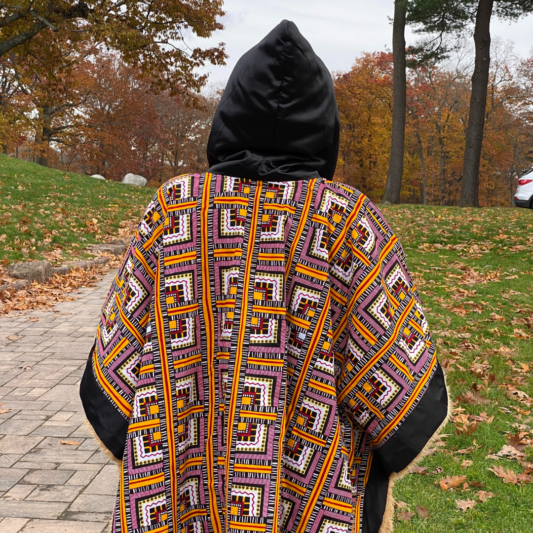 Hoodie Ponchos Anita African Print and headwarmer Lined faux fur.