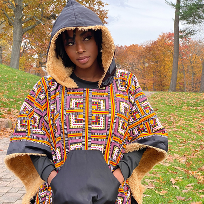 Hoodie Ponchos Anita African Print and headwarmer Lined faux fur.