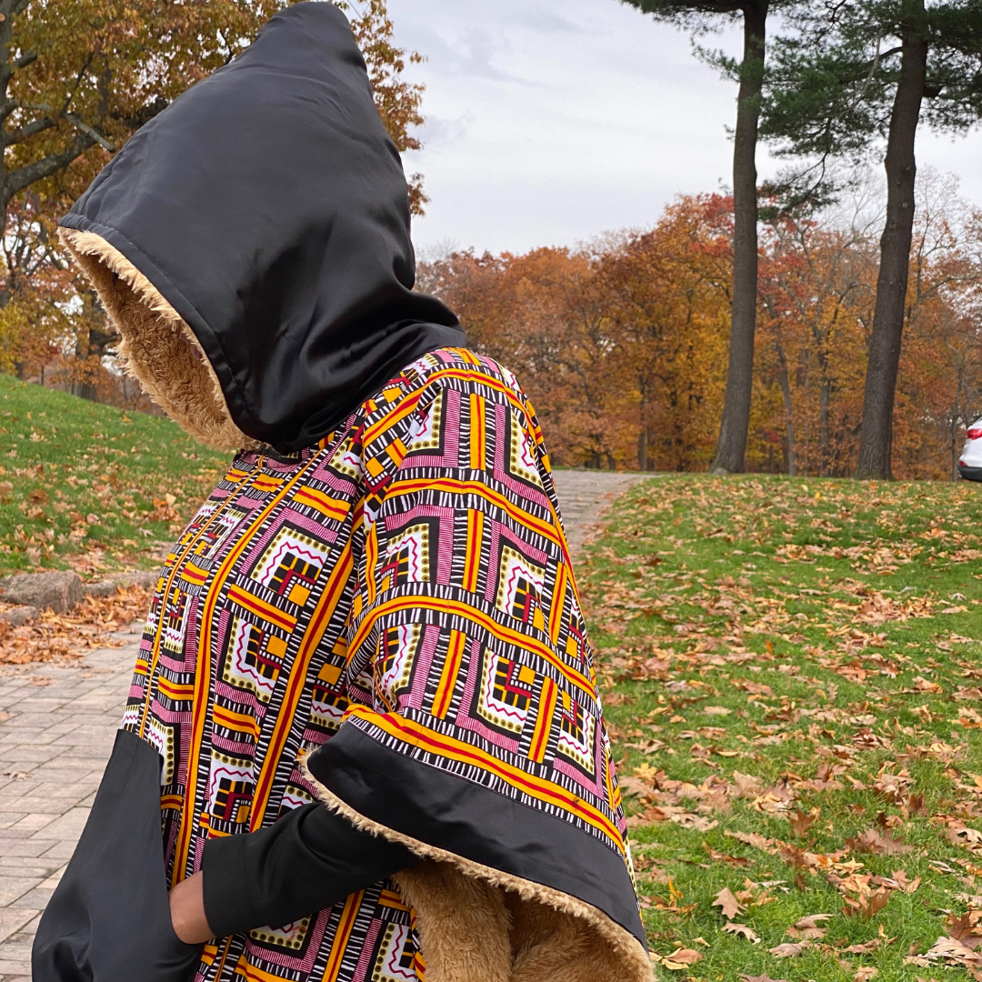 Hoodie Ponchos Anita African Print and headwarmer Lined faux fur.