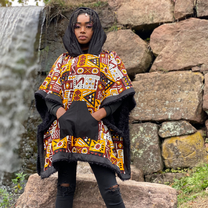 African Winter Print Ponchos Latoya, Lined with Faux Fur.